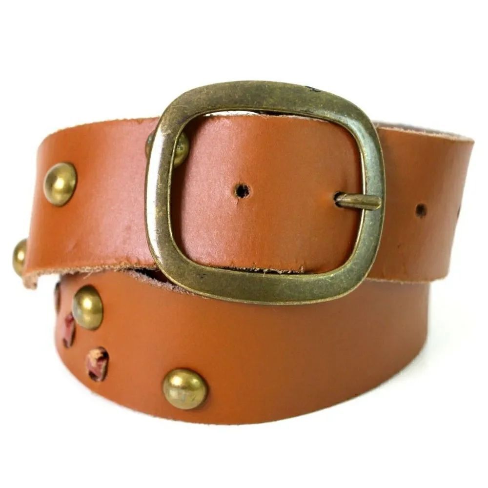 PERFORATED BROWN GENUINE LEATHER 1.5"W STUDDED CASUAL WOMEN'S BELT L 36" (G16